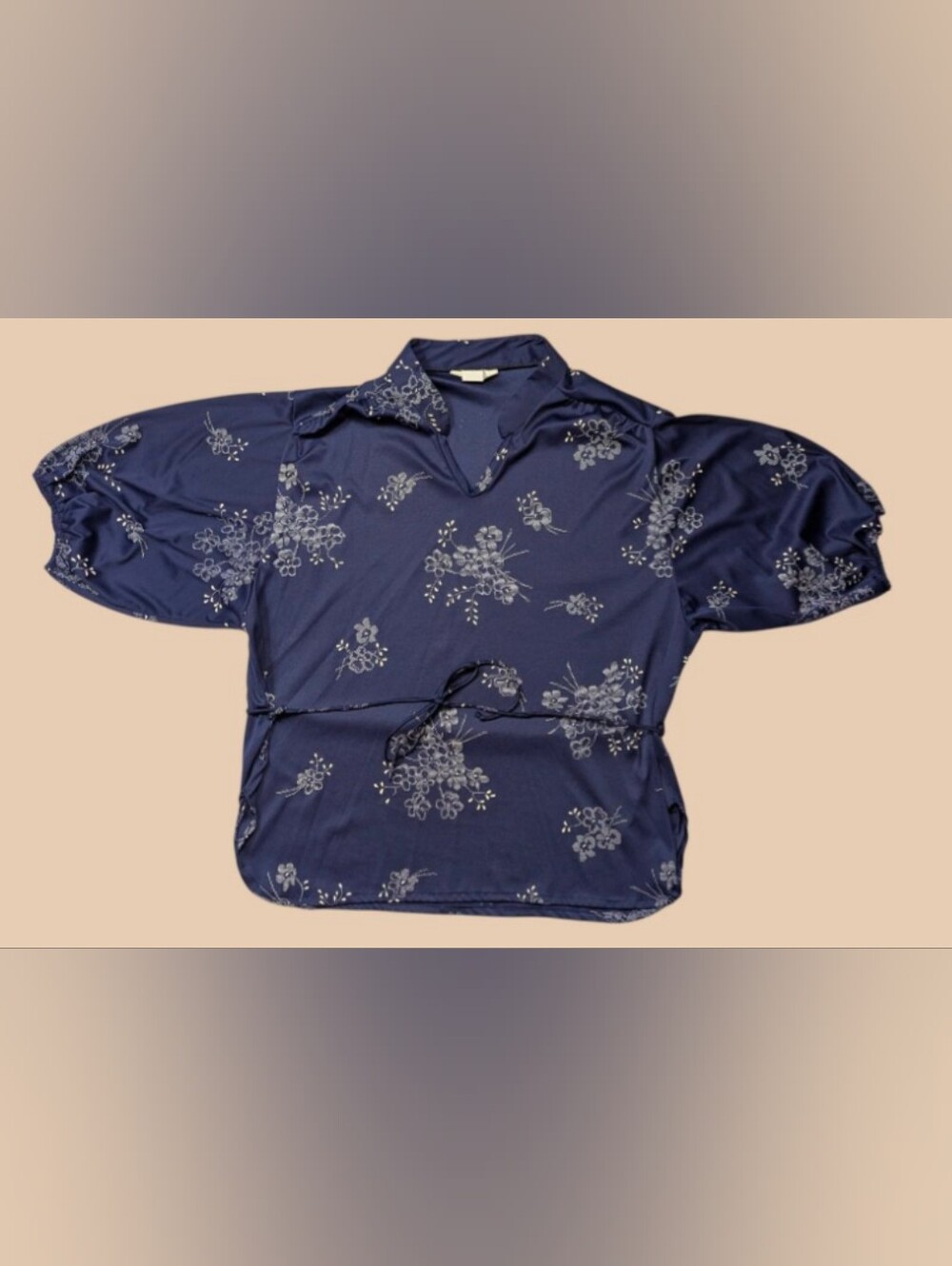 70s Blue Floral Blouse With Belt